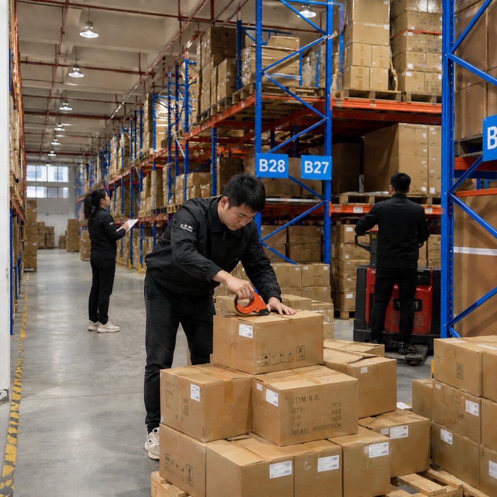 Workers picking, packing and quality-checking orders in Yakkyofy's Dongguan warehouse