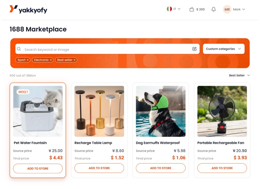 The Yakkyofy 1688 Marketplace inside the app: search the catalog, see each product's source price and your final price, and add it to your store in two clicks