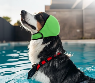 Dog wearing green noise-reduction earmuffs